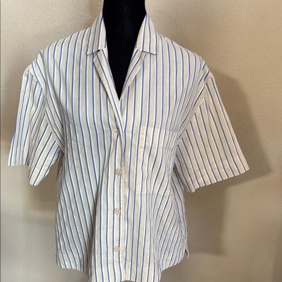 COS Boxed Short Sleeve Blue & White Striped Shirt - Picture 1 of 10
